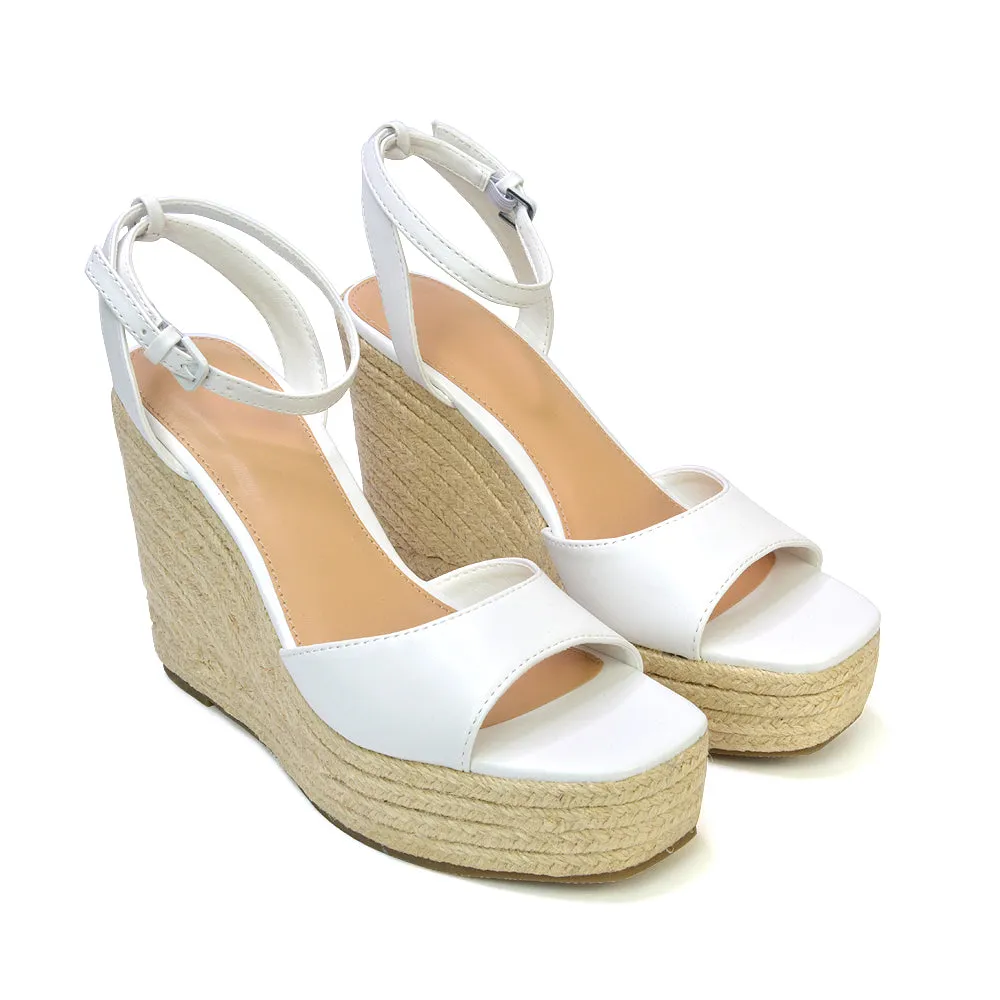 Kassie Square Toe Espadrille Platform Wedge Heel Sandals With Ankle Strap in Nude