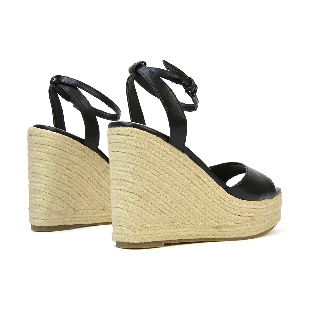 Kassie Square Toe Espadrille Platform Wedge Heel Sandals With Ankle Strap in Nude