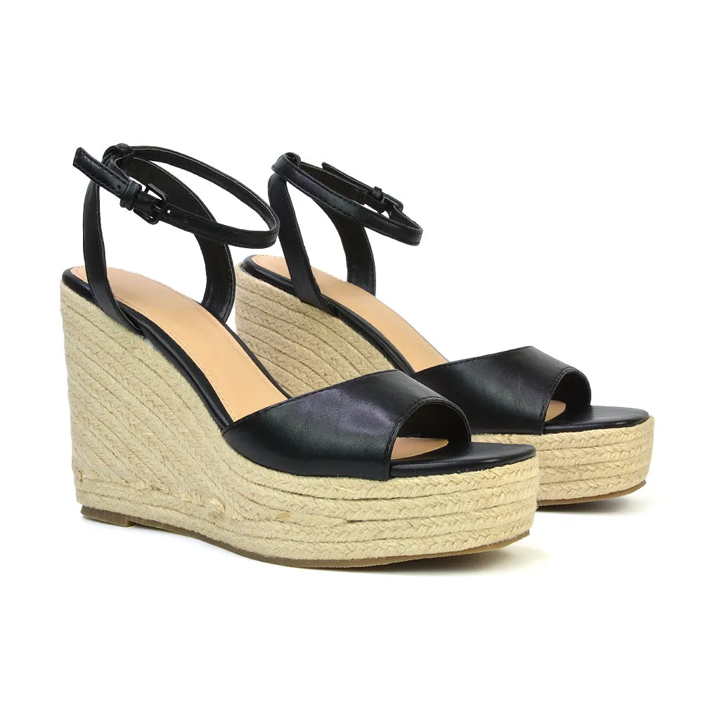 Kassie Square Toe Espadrille Platform Wedge Heel Sandals With Ankle Strap in Nude