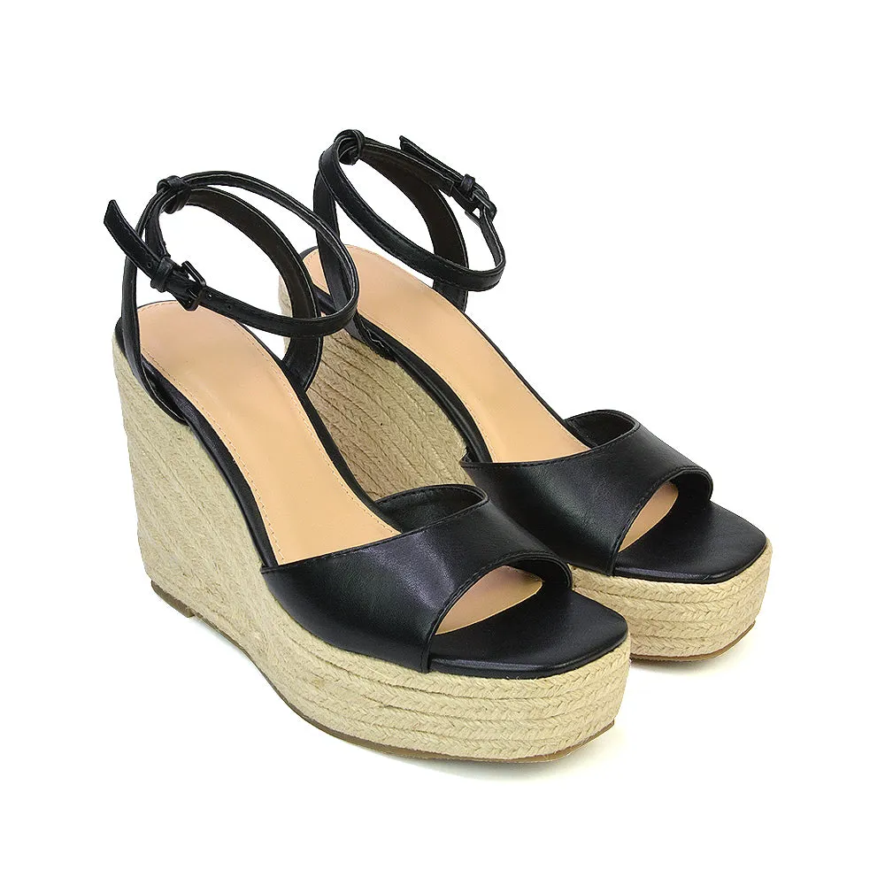 Kassie Square Toe Espadrille Platform Wedge Heel Sandals With Ankle Strap in Nude