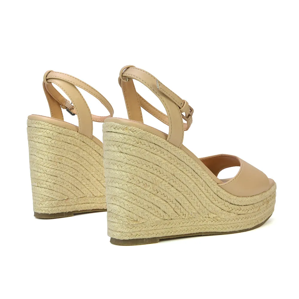 Kassie Square Toe Espadrille Platform Wedge Heel Sandals With Ankle Strap in Nude