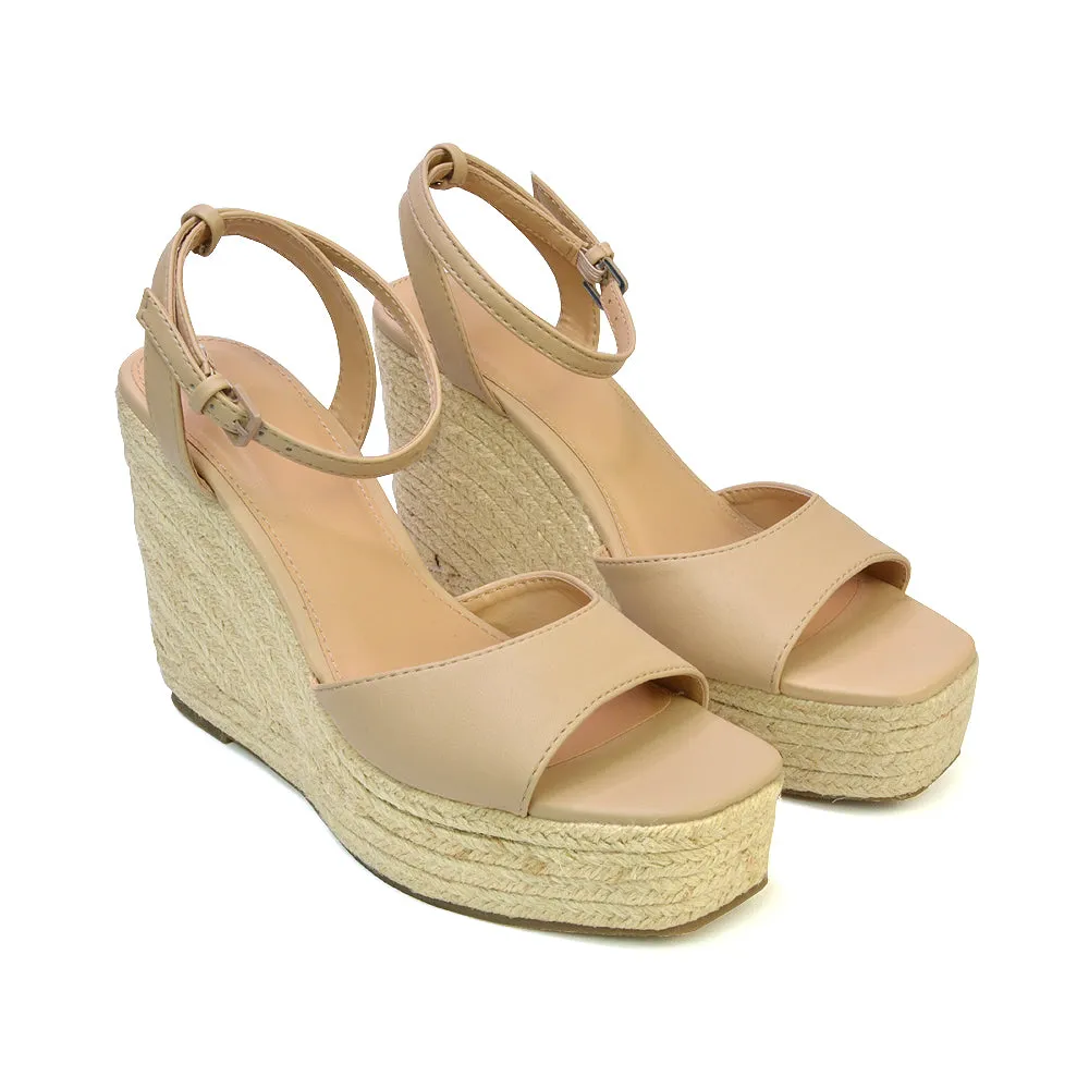 Kassie Square Toe Espadrille Platform Wedge Heel Sandals With Ankle Strap in Nude