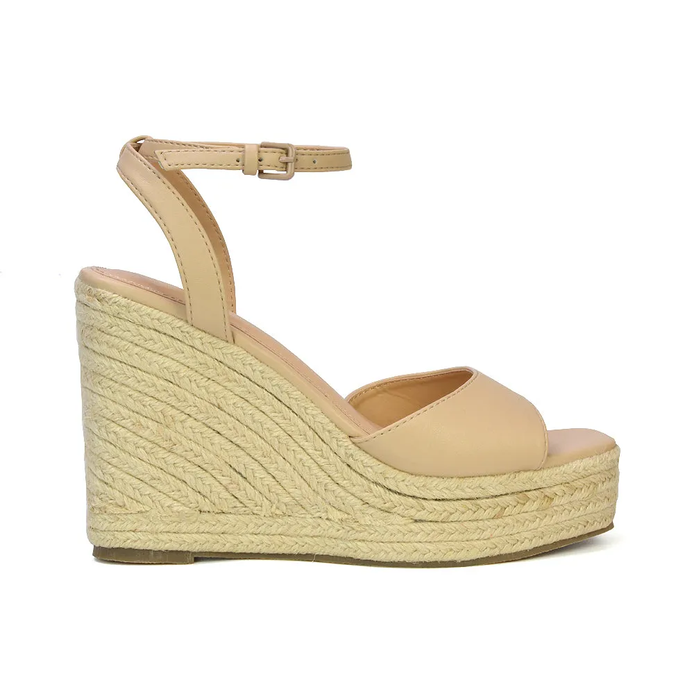 Kassie Square Toe Espadrille Platform Wedge Heel Sandals With Ankle Strap in Nude