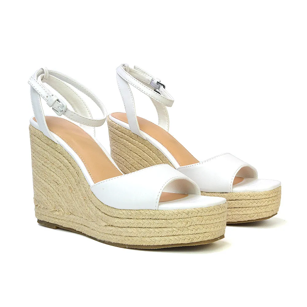 Kassie Square Toe Espadrille Platform Wedge Heel Sandals With Ankle Strap in Nude