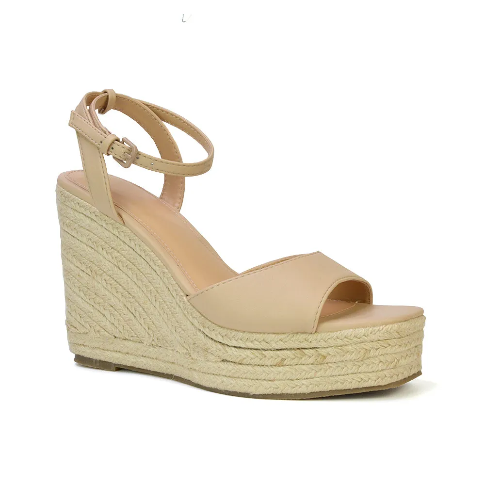 Kassie Square Toe Espadrille Platform Wedge Heel Sandals With Ankle Strap in Nude