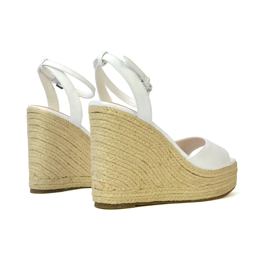 Kassie Square Toe Espadrille Platform Wedge Heel Sandals With Ankle Strap in Nude