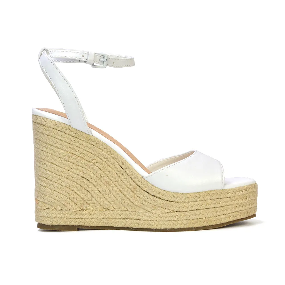 Kassie Square Toe Espadrille Platform Wedge Heel Sandals With Ankle Strap in Nude