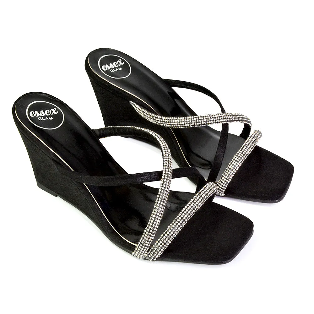 Kinsley Slip on Heeled Mules Diamante Strappy Square Toe Sandal Wedge Heel in Black