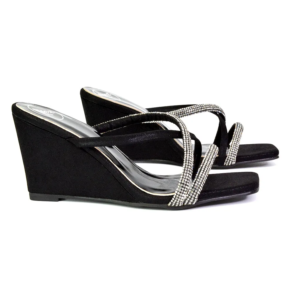 Kinsley Slip on Heeled Mules Diamante Strappy Square Toe Sandal Wedge Heel in Black