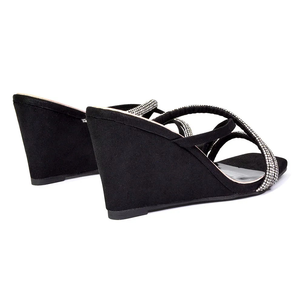 Kinsley Slip on Heeled Mules Diamante Strappy Square Toe Sandal Wedge Heel in Black