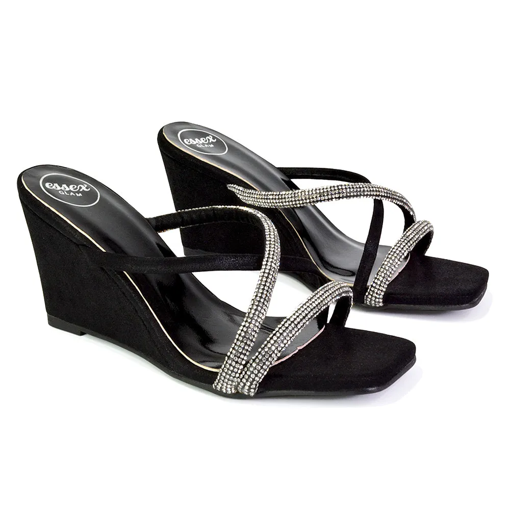 Kinsley Slip on Heeled Mules Diamante Strappy Square Toe Sandal Wedge Heel in Black