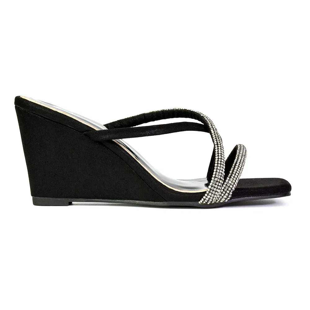 Kinsley Slip on Heeled Mules Diamante Strappy Square Toe Sandal Wedge Heel in Black