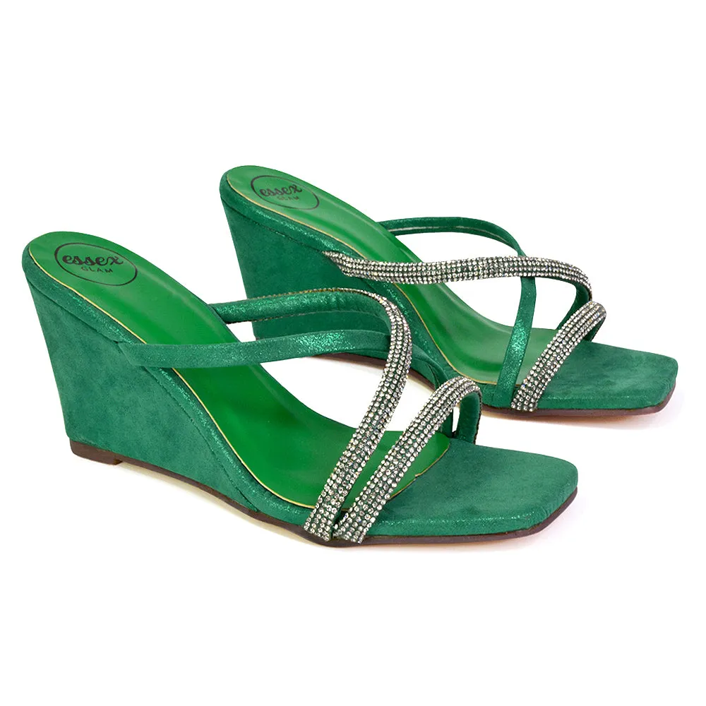 Kinsley Slip on Heeled Mules Diamante Strappy Square Toe Sandal Wedge Heel in Green