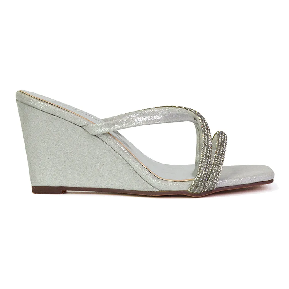 Kinsley Slip on Heeled Mules Diamante Strappy Square Toe Sandal Wedge Heel in Green