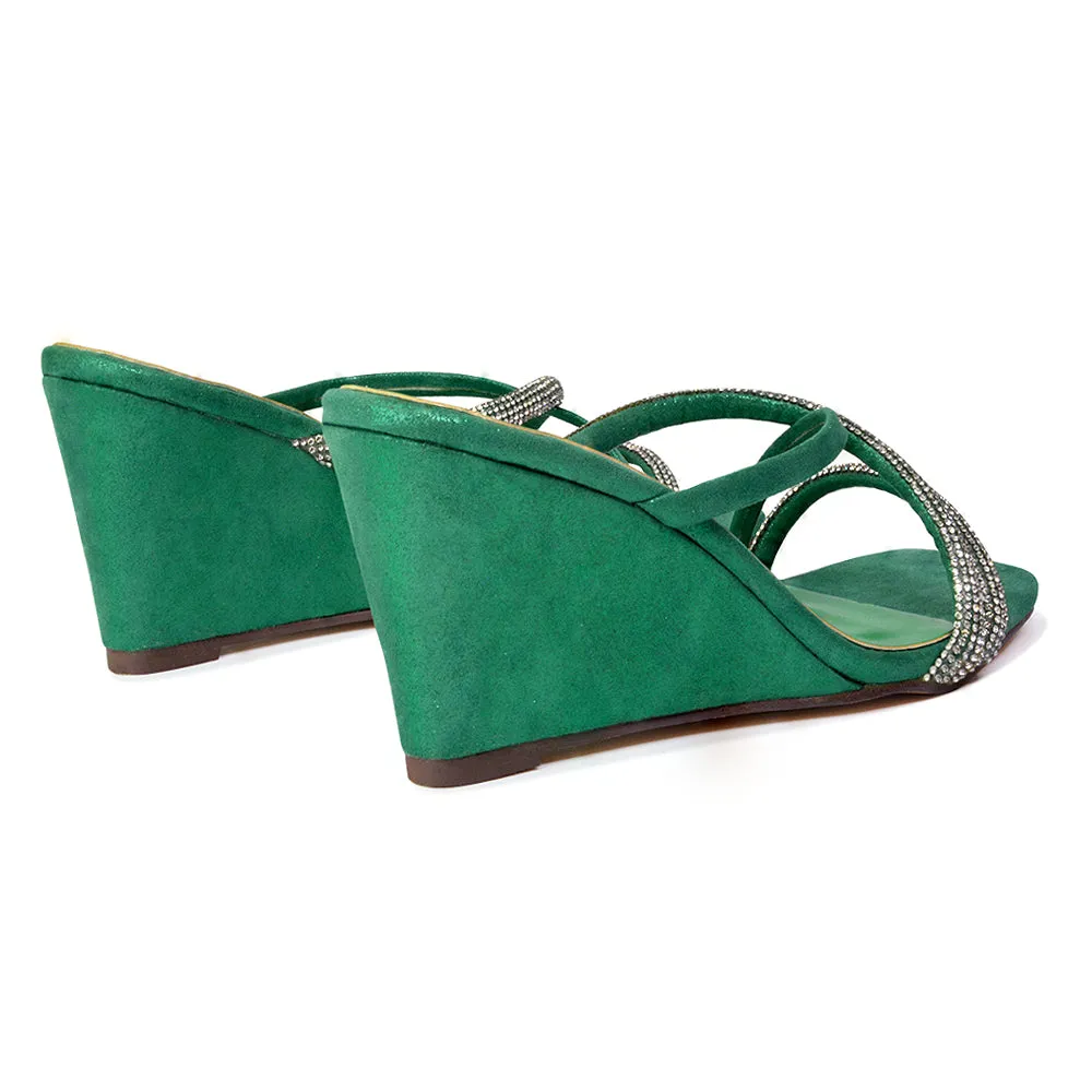 Kinsley Slip on Heeled Mules Diamante Strappy Square Toe Sandal Wedge Heel in Green