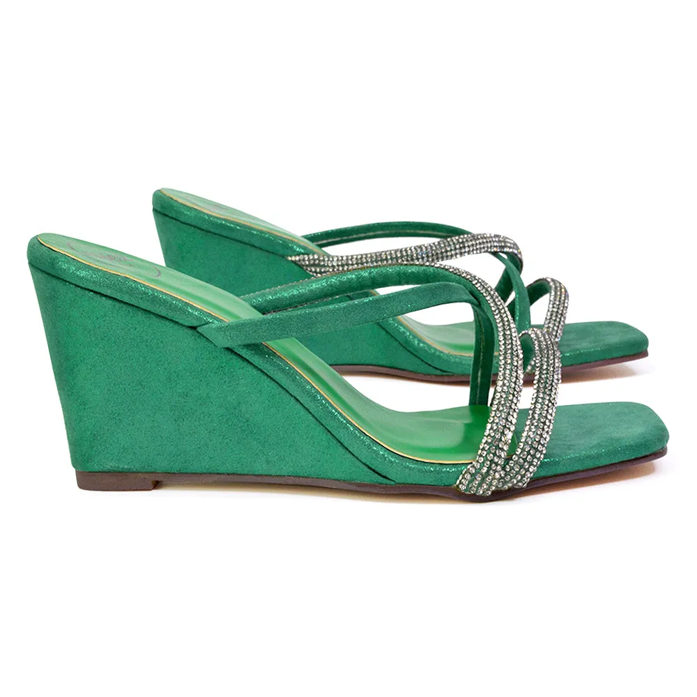 Kinsley Slip on Heeled Mules Diamante Strappy Square Toe Sandal Wedge Heel in Green