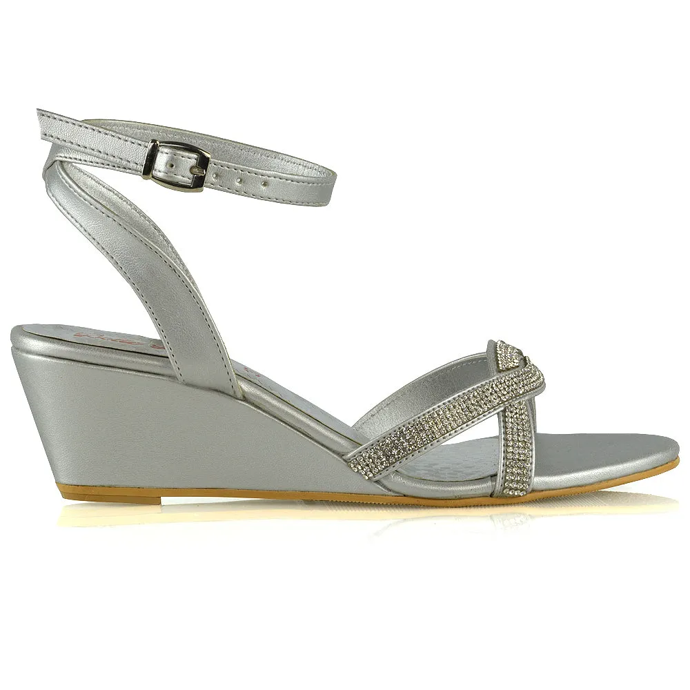 Livvy Diamante Embellished Low Heel Cross Over Strappy Wedge Sandals in Silver