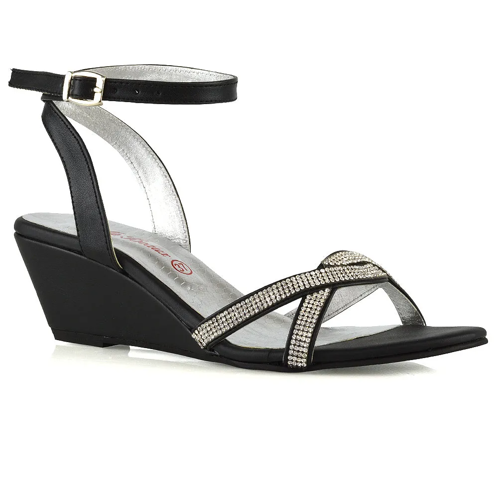 Livvy Diamante Embellished Low Heel Cross Over Strappy Wedge Sandals in Silver