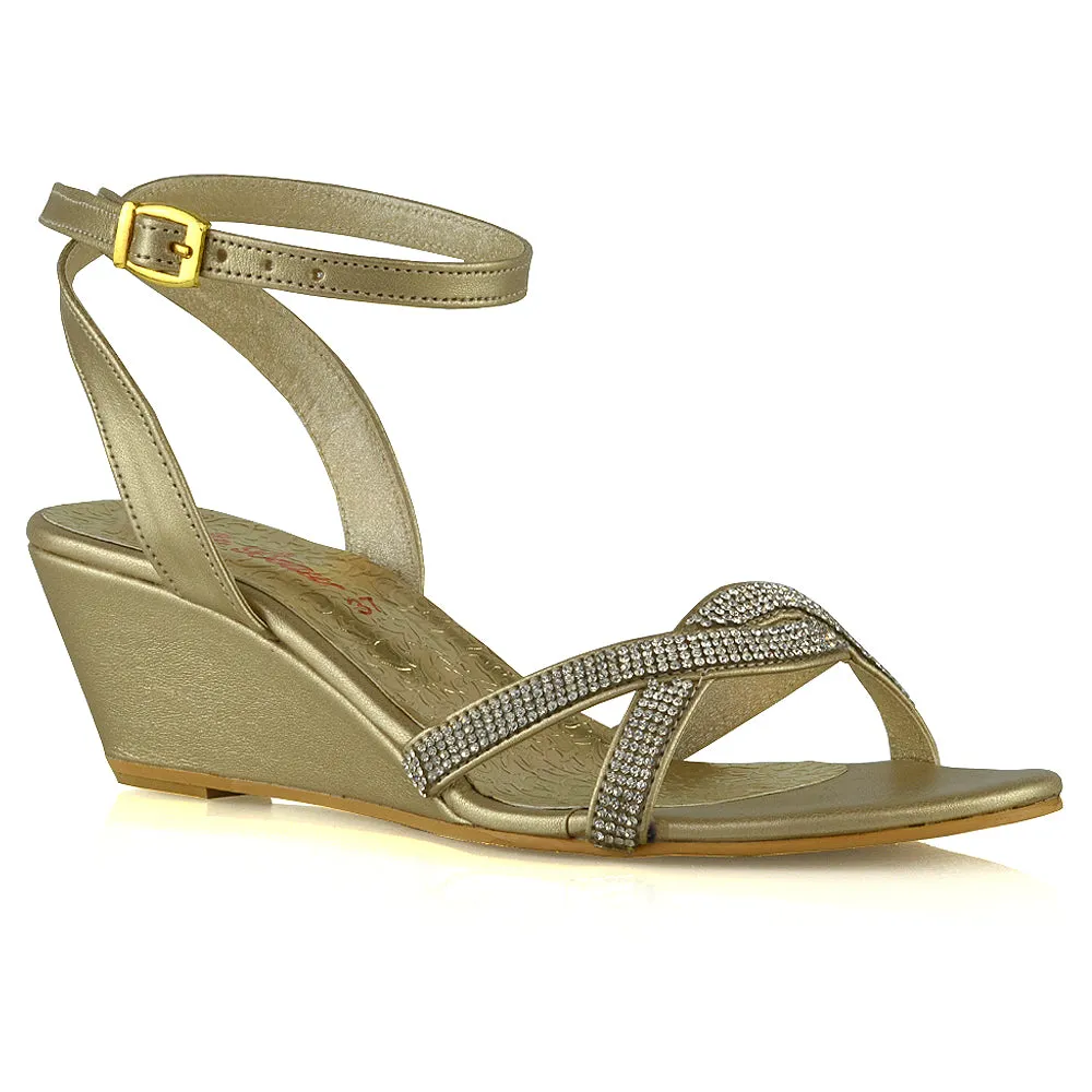 Livvy Diamante Embellished Low Heel Cross Over Strappy Wedge Sandals in Silver