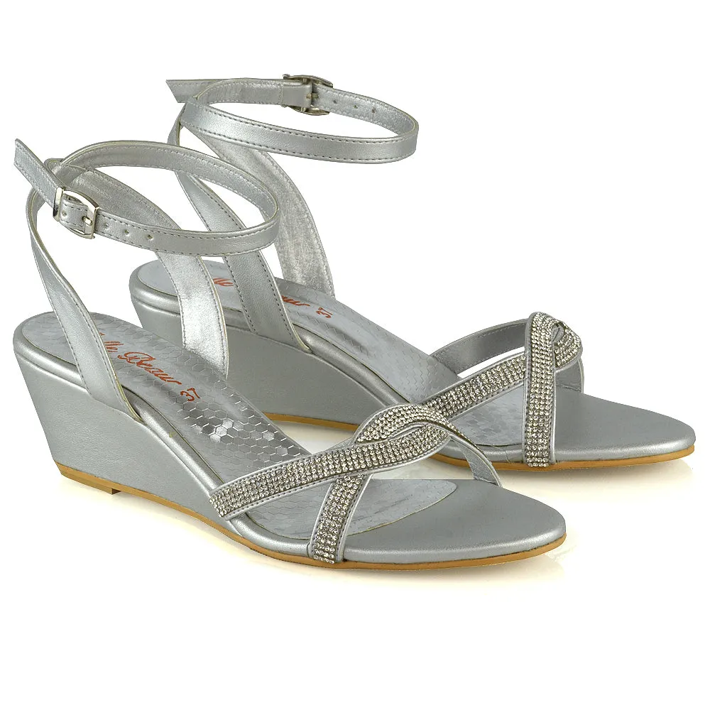 Livvy Diamante Embellished Low Heel Cross Over Strappy Wedge Sandals in Silver