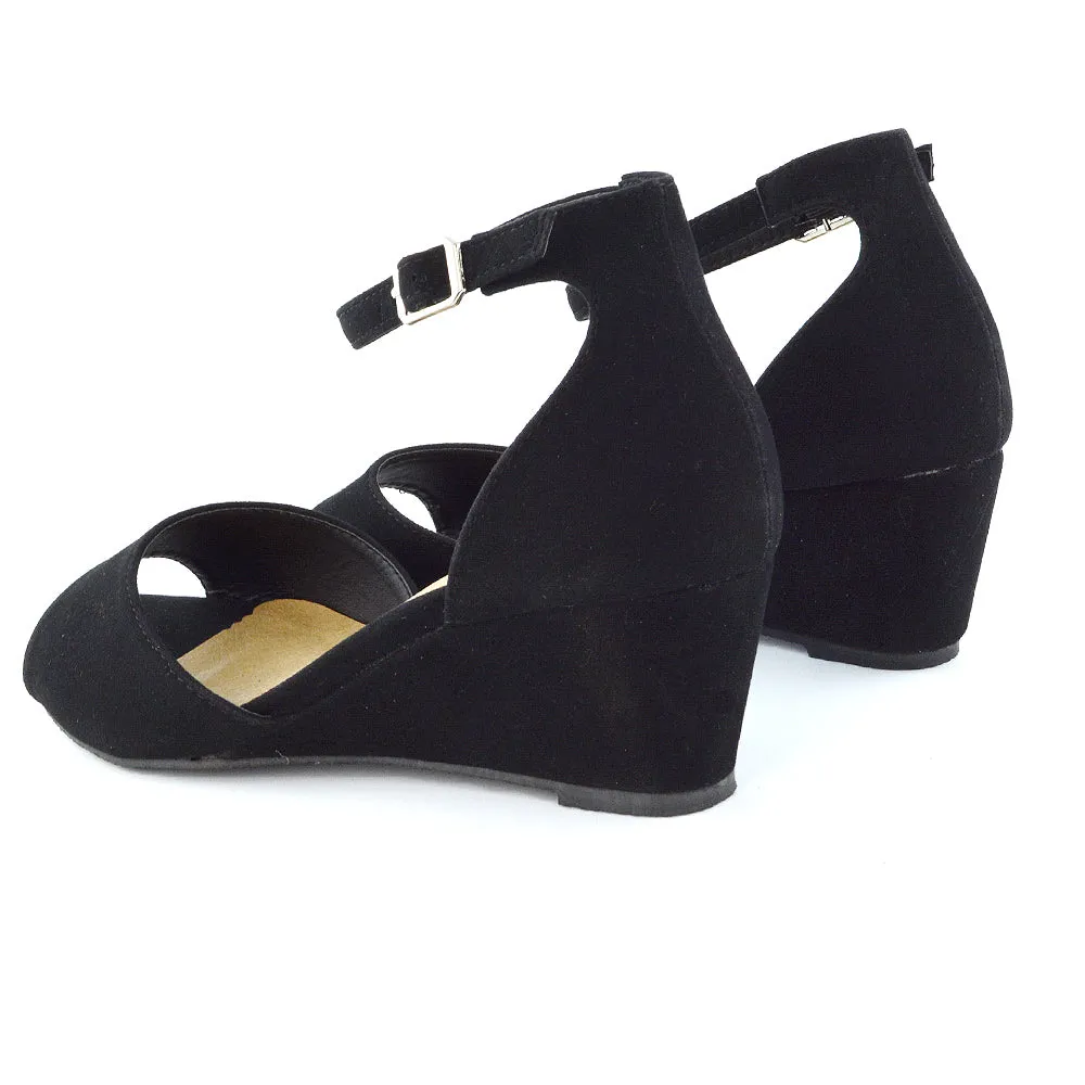 LOTTIE Mid Sandal Wedge Heels Bridal Shoes with Buckle Up Ankle Strap in Black