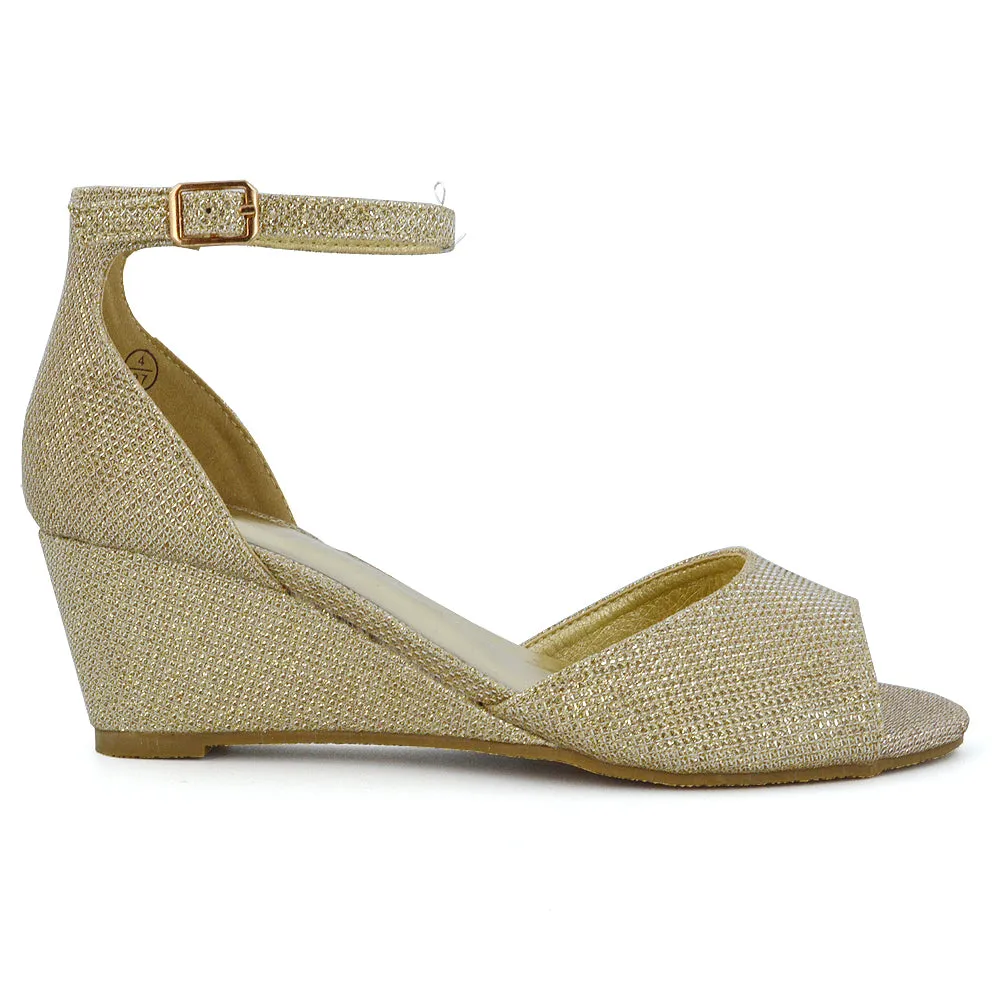 LOTTIE Mid Sandal Wedge Heels Bridal Shoes with Buckle Up Ankle Strap in Gold Glitter