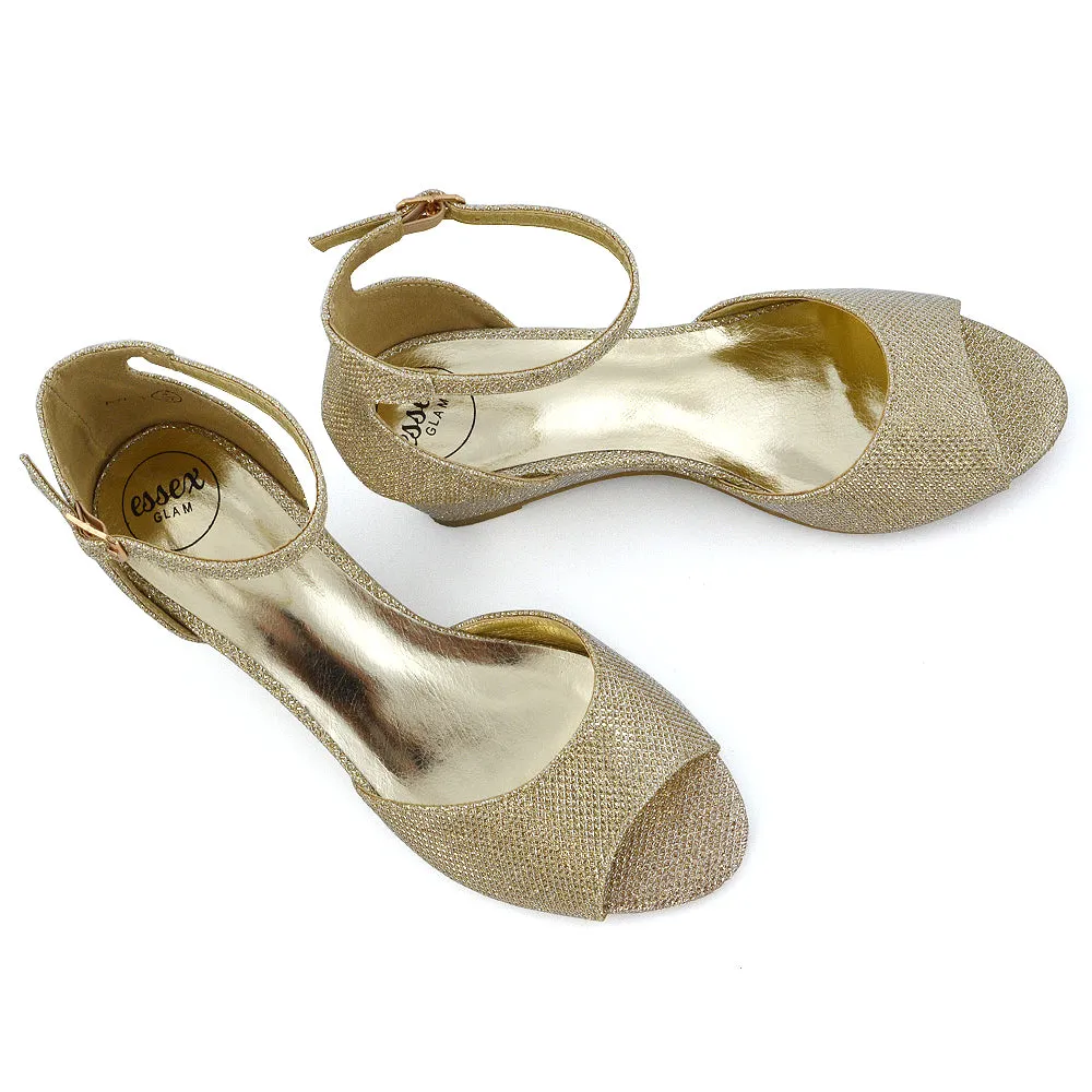 LOTTIE Mid Sandal Wedge Heels Bridal Shoes with Buckle Up Ankle Strap in Gold Glitter