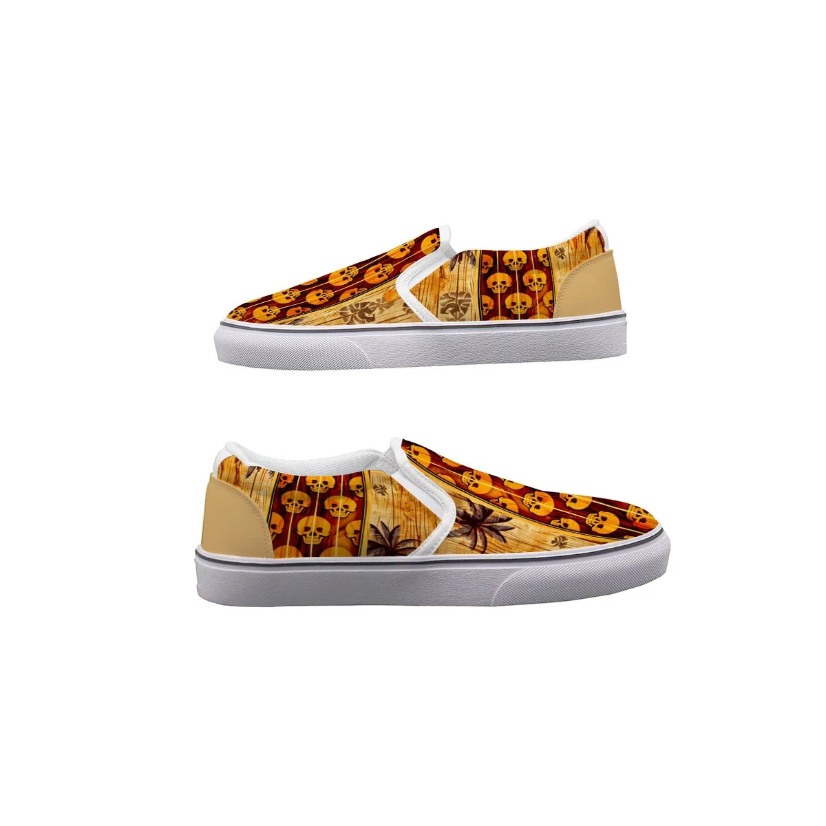 Men's Slip On Sneakers tan skull/surfboard print