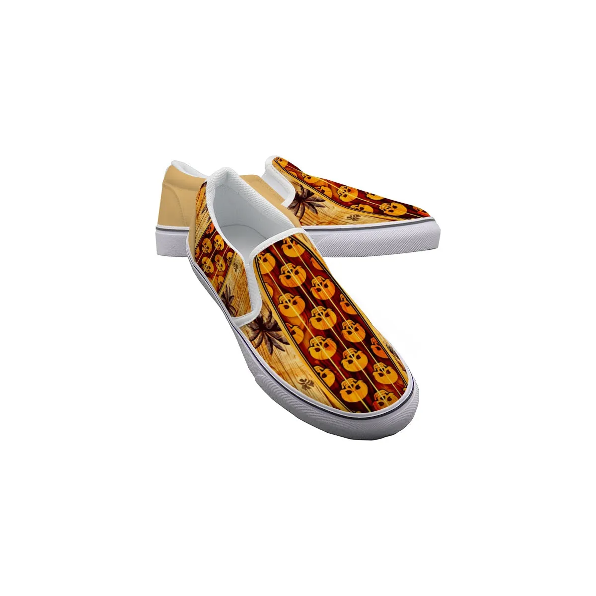 Men's Slip On Sneakers tan skull/surfboard print