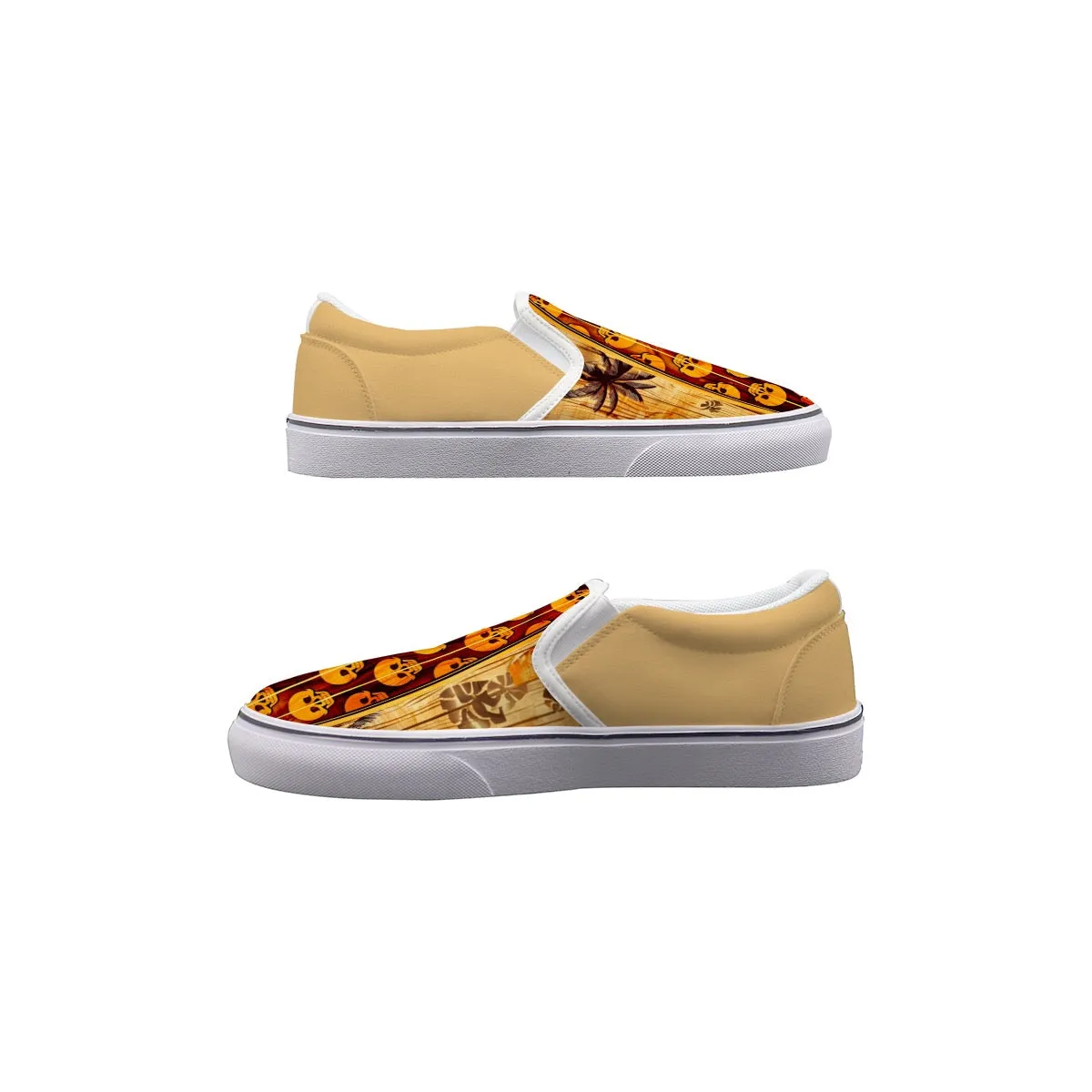 Men's Slip On Sneakers tan skull/surfboard print