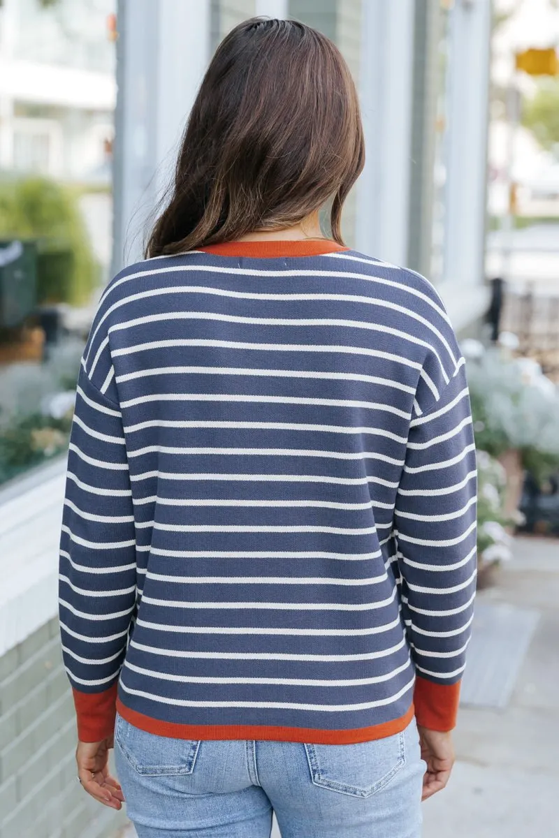 Navy Stripe Orange Contrast Sweater - FINAL SALE