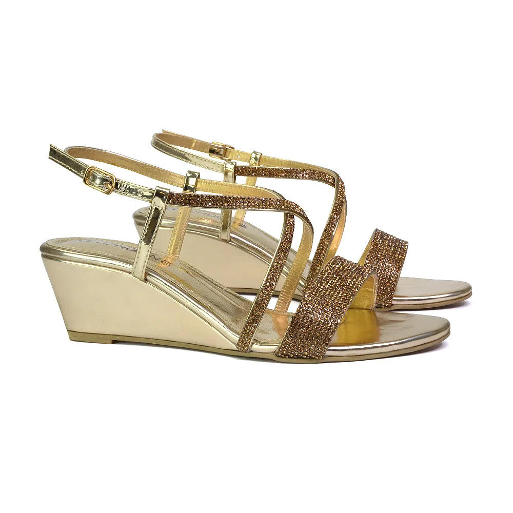 Ocean Sparkly Gem Crystal Diamante Ankle Strap Sandal Wedge Heel in Gold