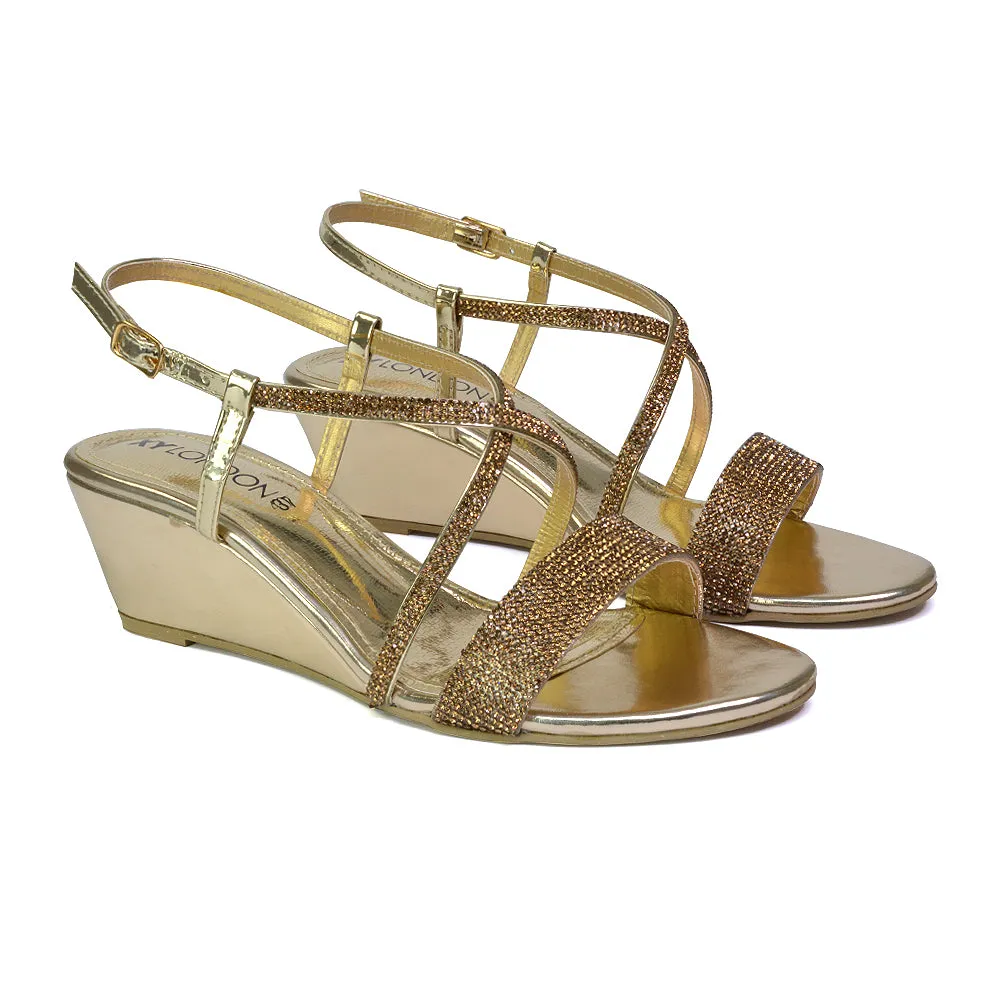 Ocean Sparkly Gem Crystal Diamante Ankle Strap Sandal Wedge Heel in Gold