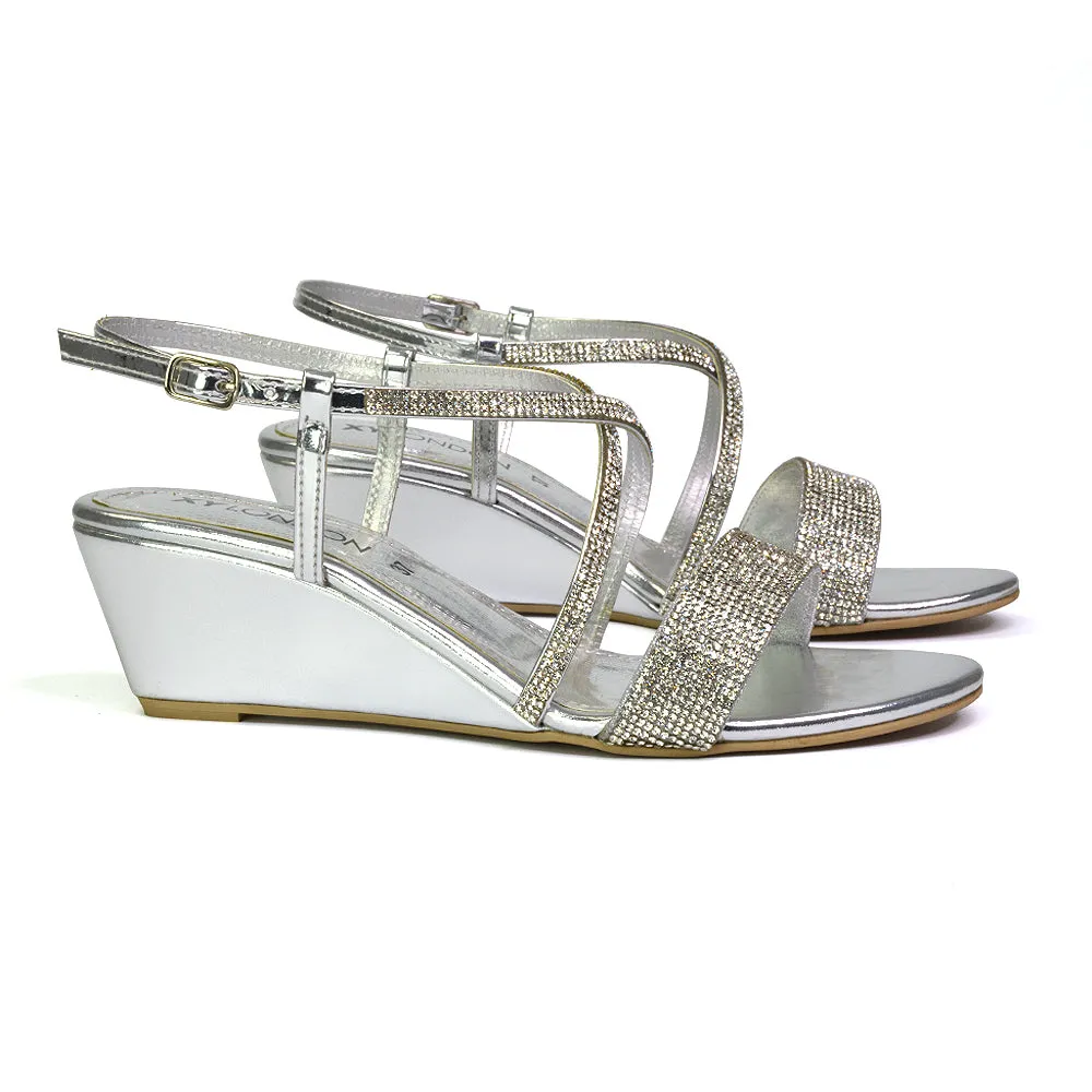 Ocean Sparkly Gem Crystal Diamante Ankle Strap Sandal Wedge Heel in Gold