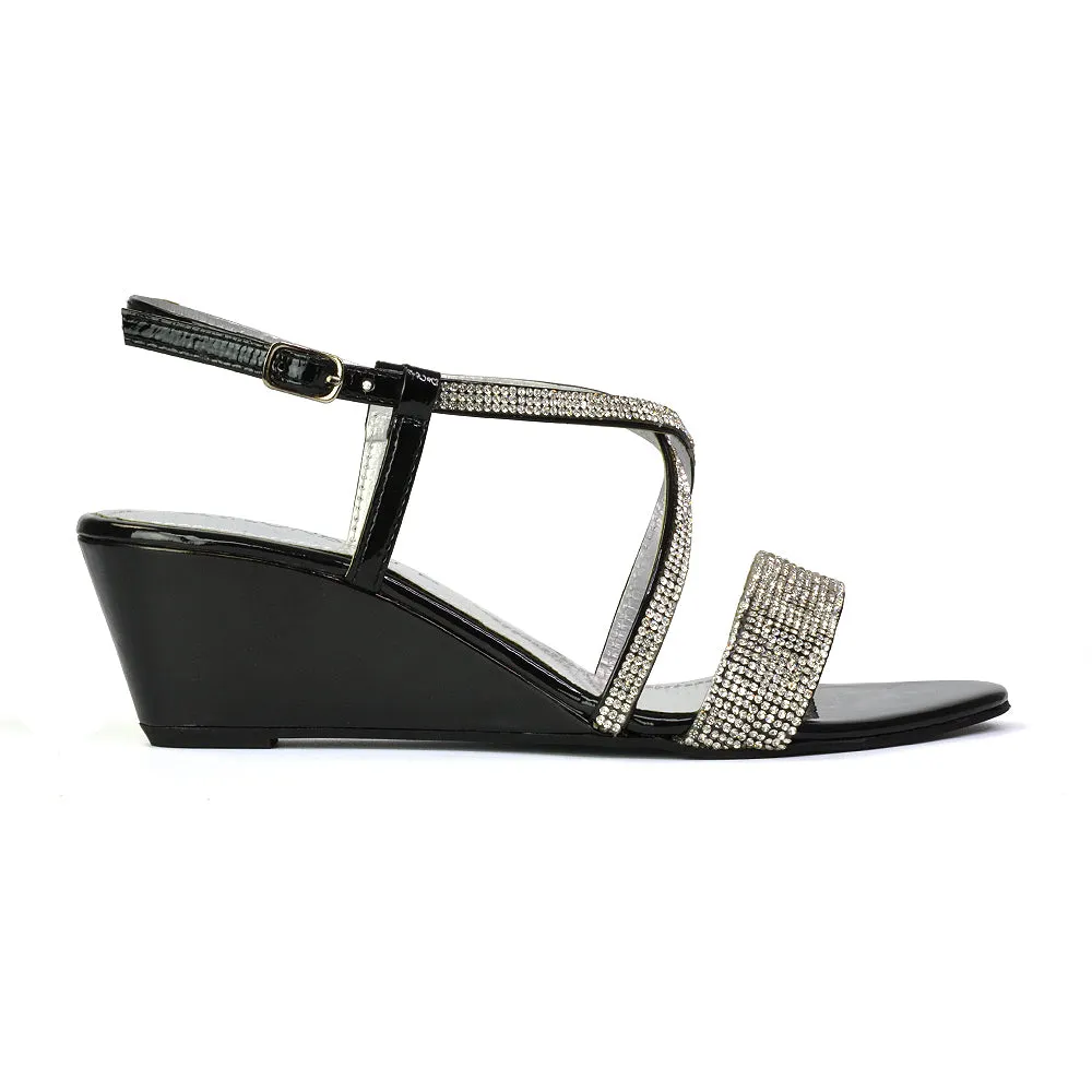 Ocean Sparkly Gem Crystal Diamante Ankle Strap Sandal Wedge Heel in Gold