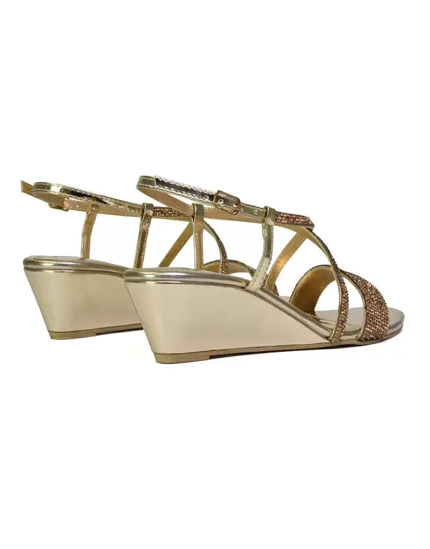 Ocean Sparkly Gem Crystal Diamante Ankle Strap Sandal Wedge Heel in Gold