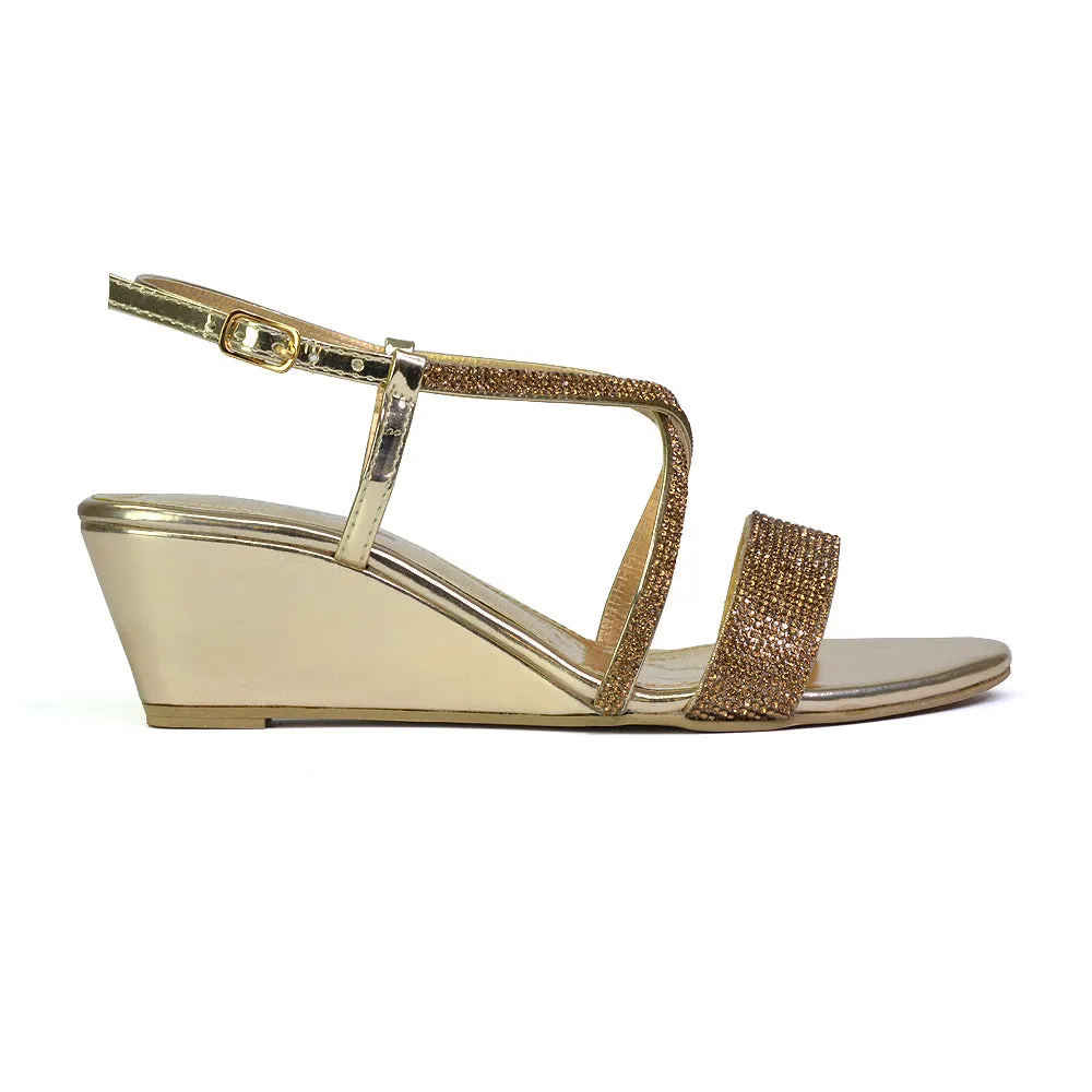 Ocean Sparkly Gem Crystal Diamante Ankle Strap Sandal Wedge Heel in Gold