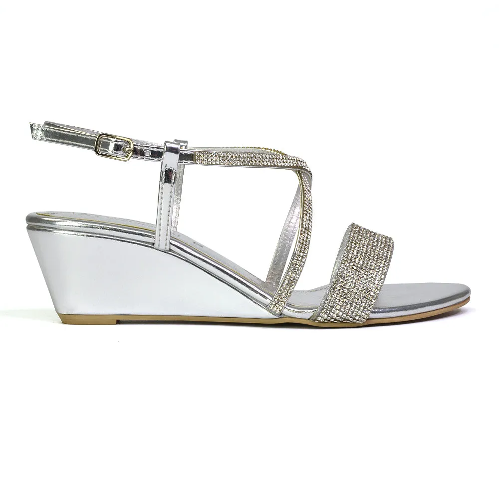 Ocean Sparkly Gem Crystal Diamante Ankle Strap Sandal Wedge Heel in Gold