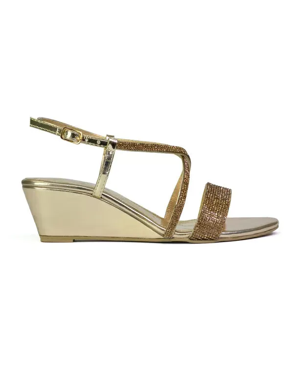 Ocean Sparkly Gem Crystal Diamante Ankle Strap Sandal Wedge Heel in Gold