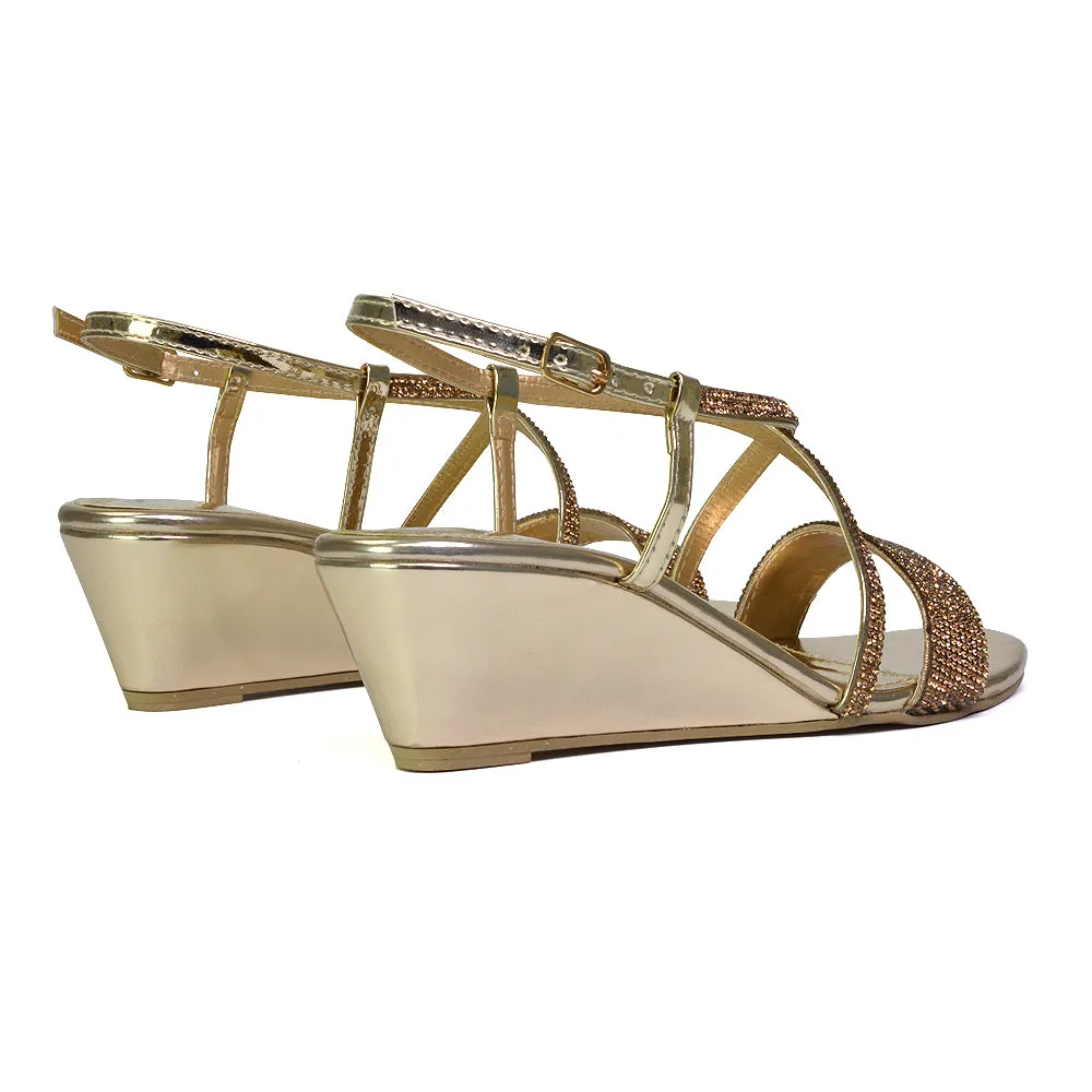 Ocean Sparkly Gem Crystal Diamante Ankle Strap Sandal Wedge Heel in Gold