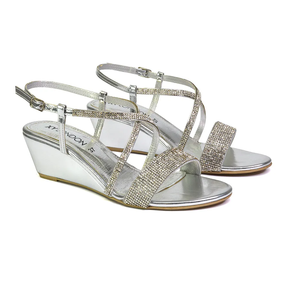 Ocean Sparkly Gem Crystal Diamante Ankle Strap Sandal Wedge Heel in Gold