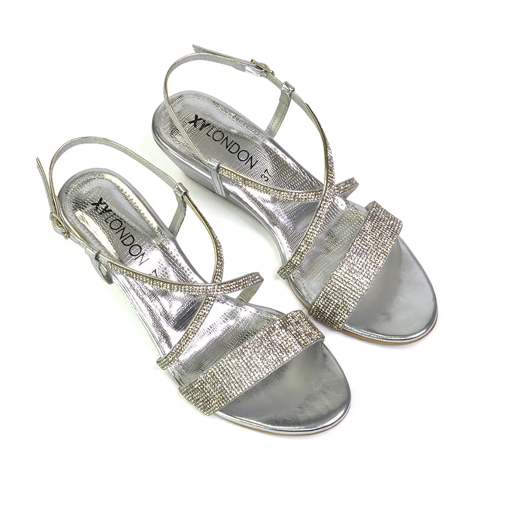 Ocean Sparkly Gem Crystal Diamante Ankle Strap Sandal Wedge Heel in Silver