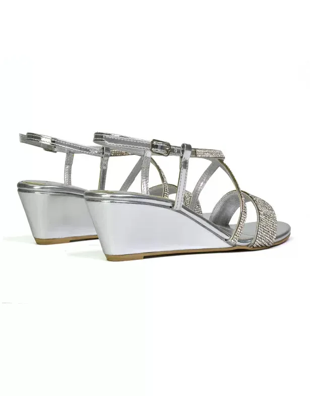 Ocean Sparkly Gem Crystal Diamante Ankle Strap Sandal Wedge Heel in Silver