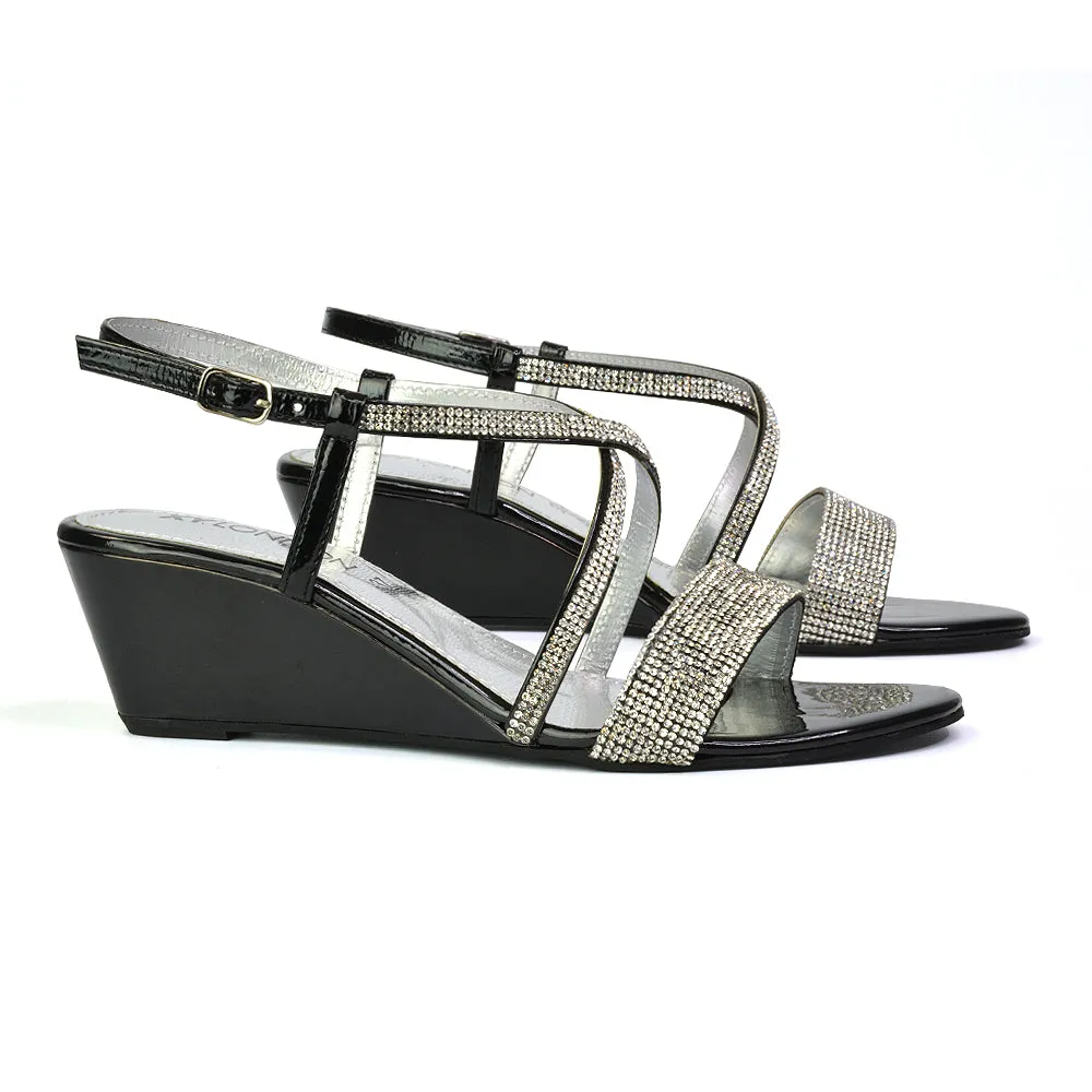 Ocean Sparkly Gem Crystal Diamante Ankle Strap Sandal Wedge Heel in Silver