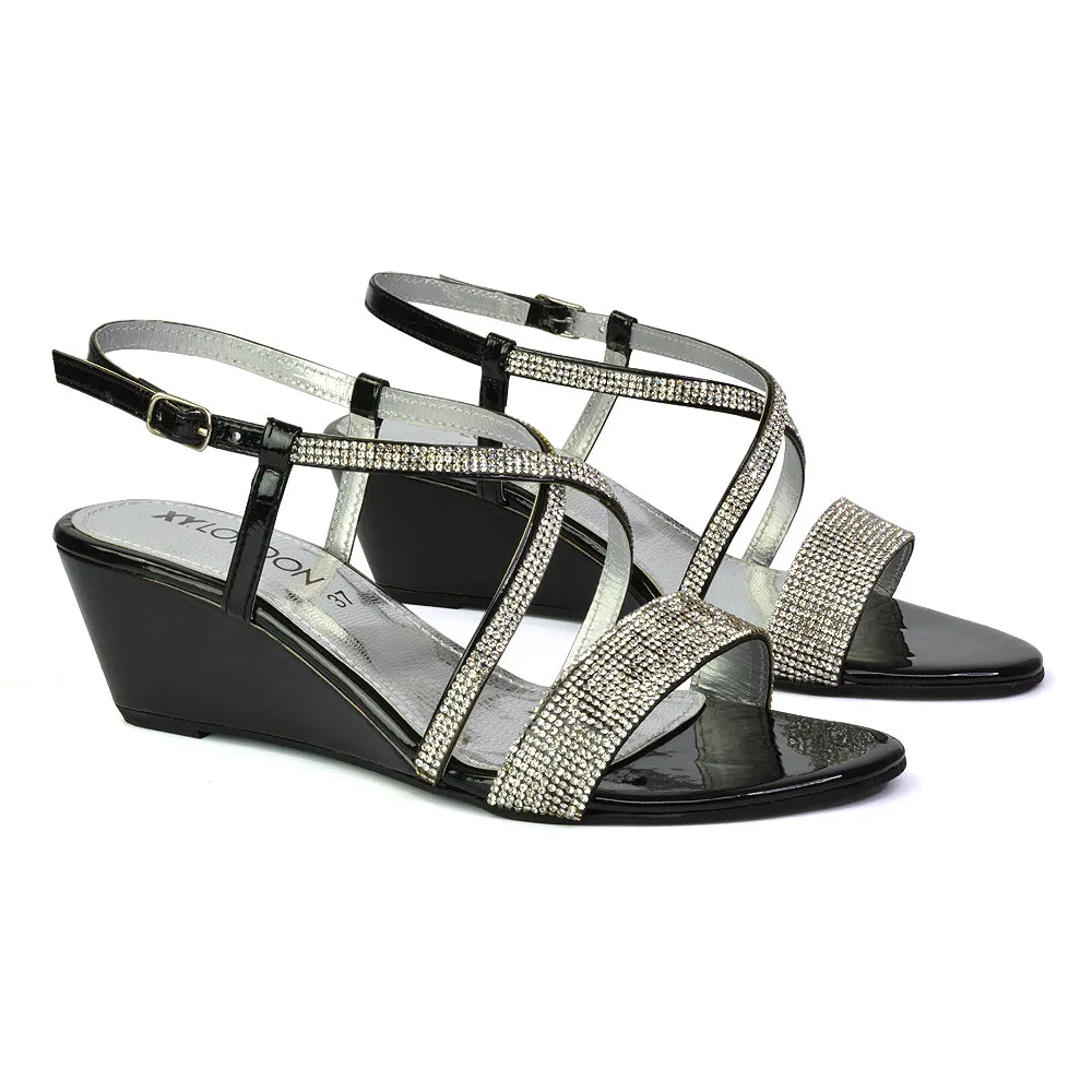 Ocean Sparkly Gem Crystal Diamante Ankle Strap Sandal Wedge Heel in Silver