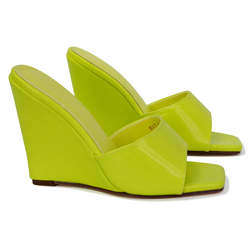 Otis Slip On Square Toe Wedge High Heeled Mule Summer Sandal Slides in Light Green