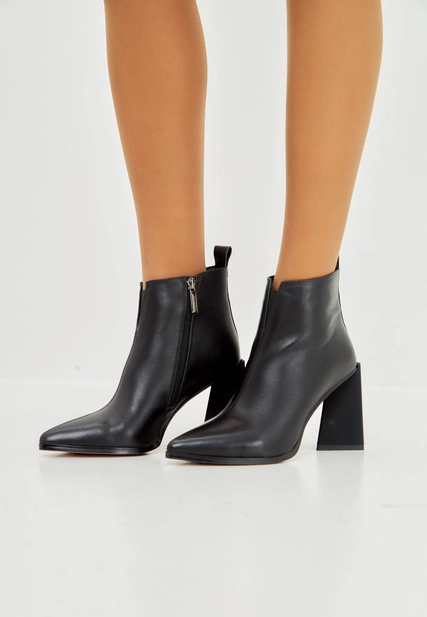 Pointed Toe Block Heel Ankle Boots - Stylish Leather Booties- Black