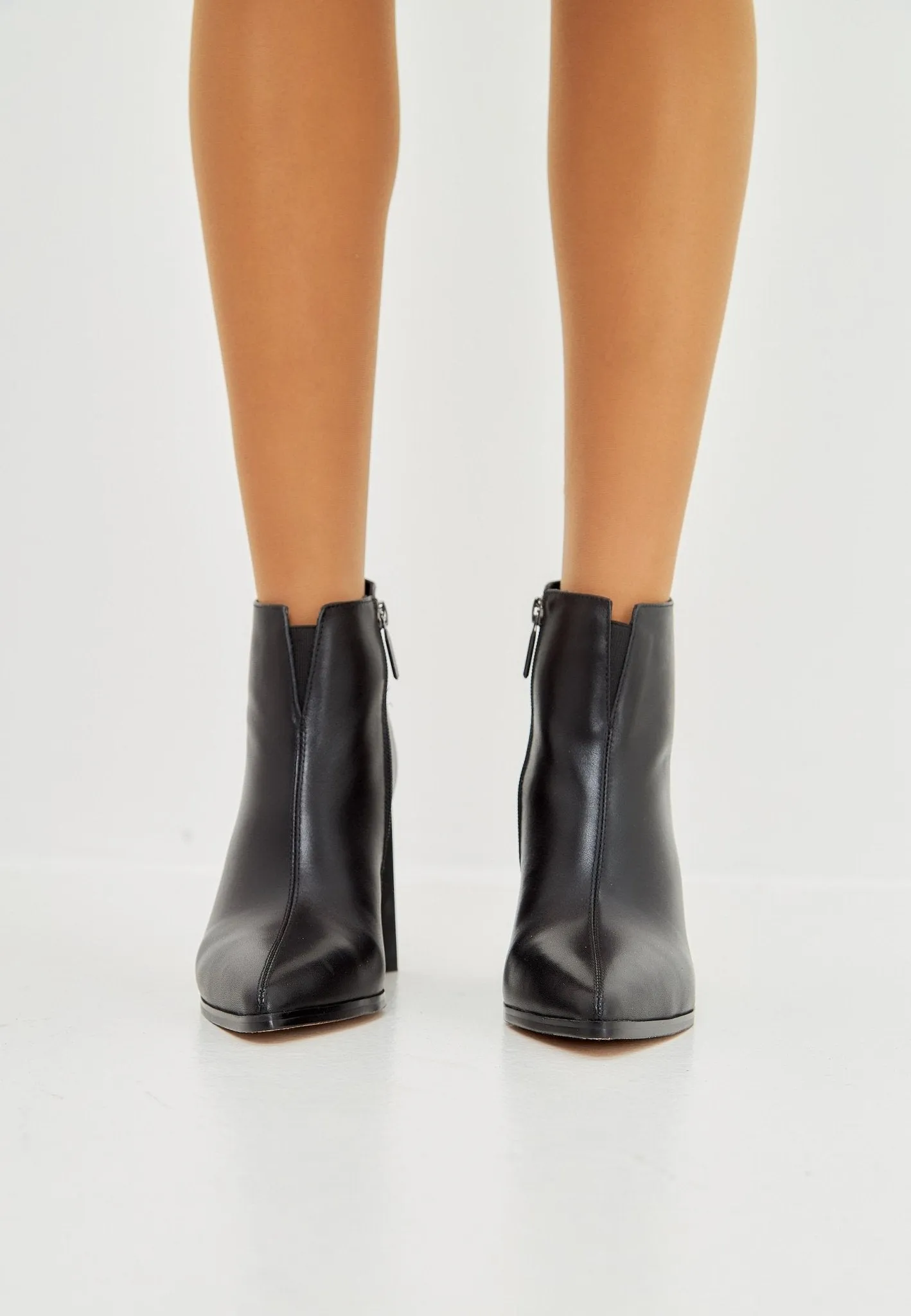 Pointed Toe Block Heel Ankle Boots - Stylish Leather Booties- Black