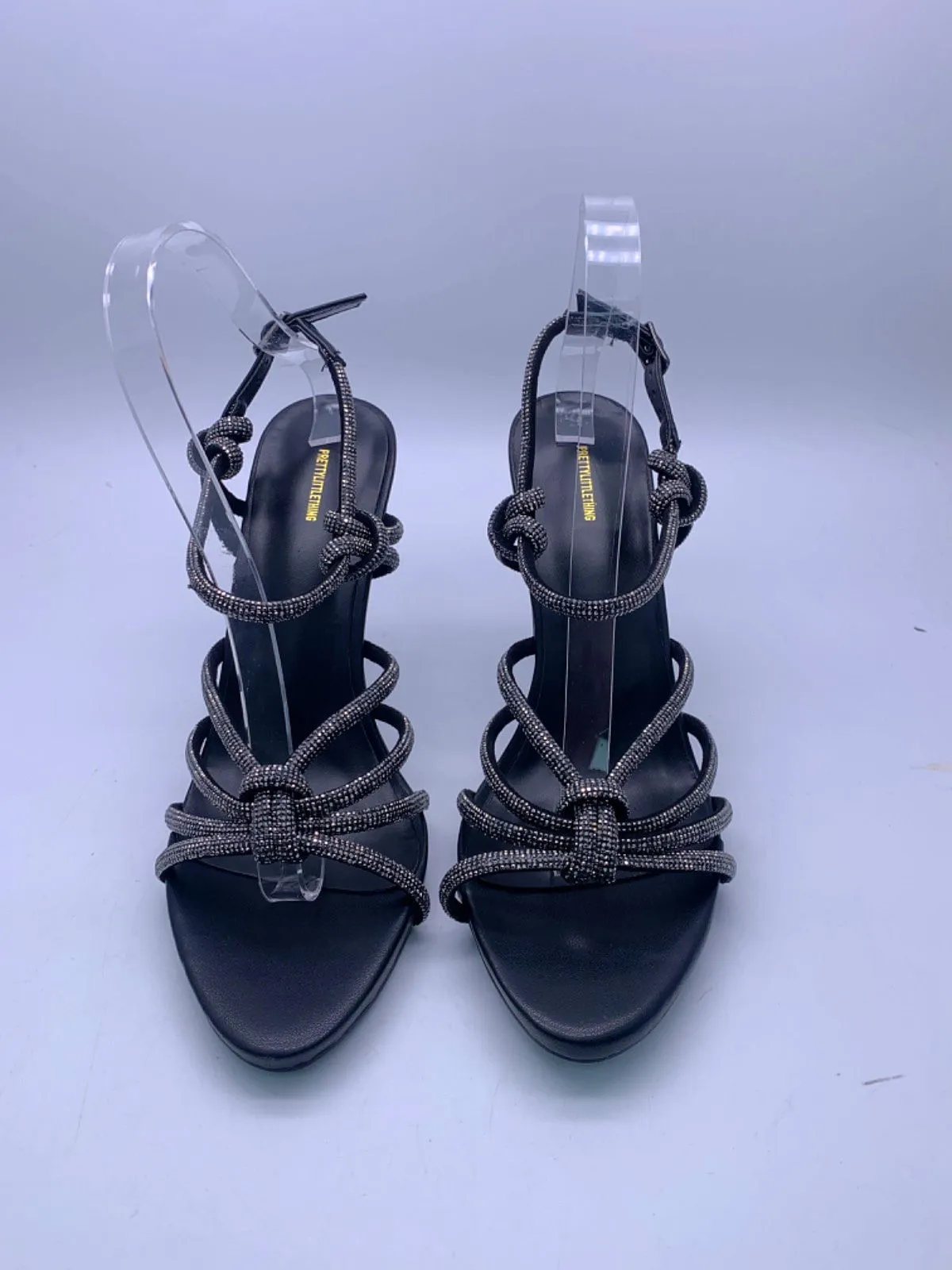 PrettyLittleThing Black Diamante Knot Strappy High Heeled Sandals UK 6