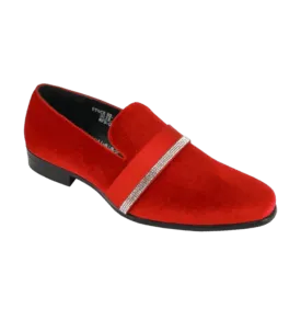 Red velvet slip on men's shoes luxury loafer with diamonds stone